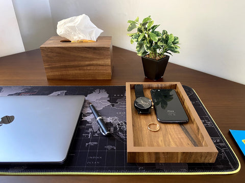 Wooden Office Set of Tray, Trash Bin & Tissue Box