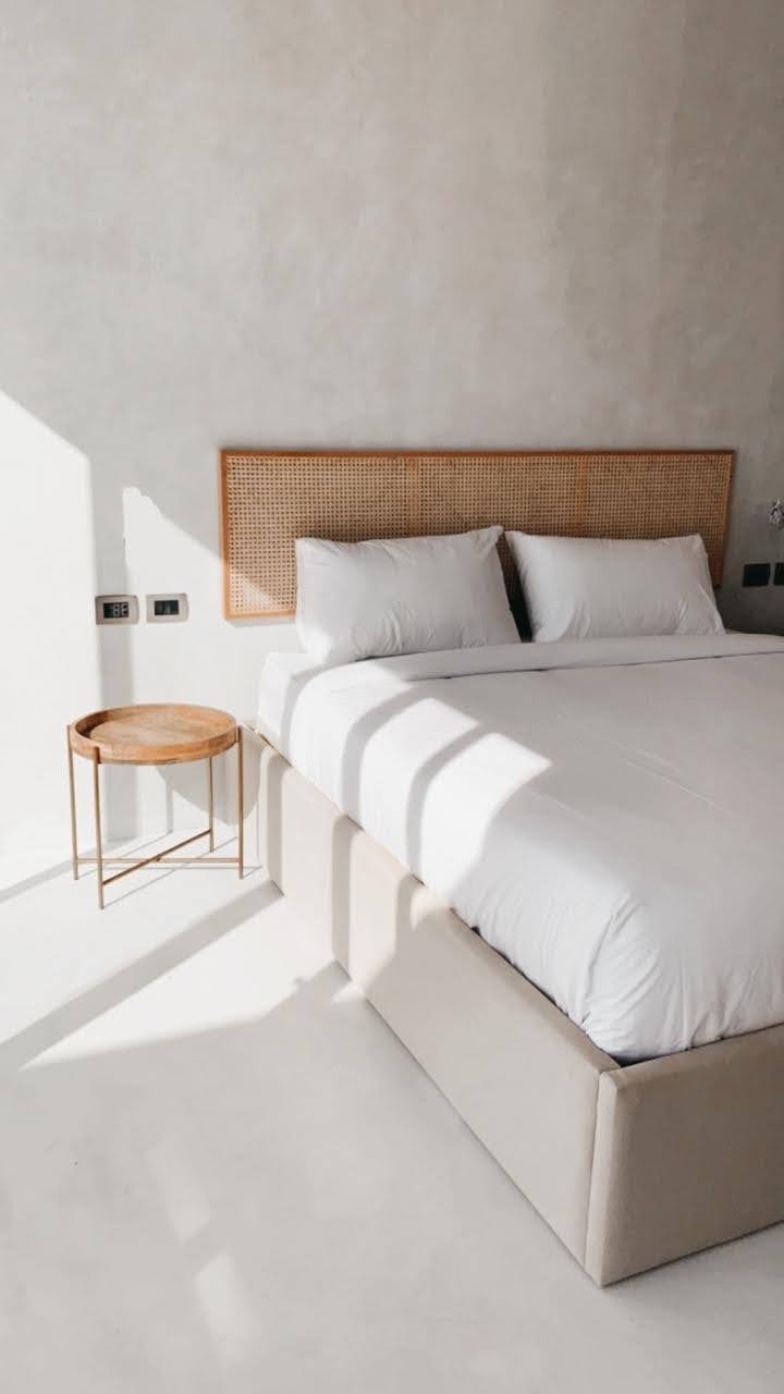 Modern Fabric Bed with Cane' Headboard