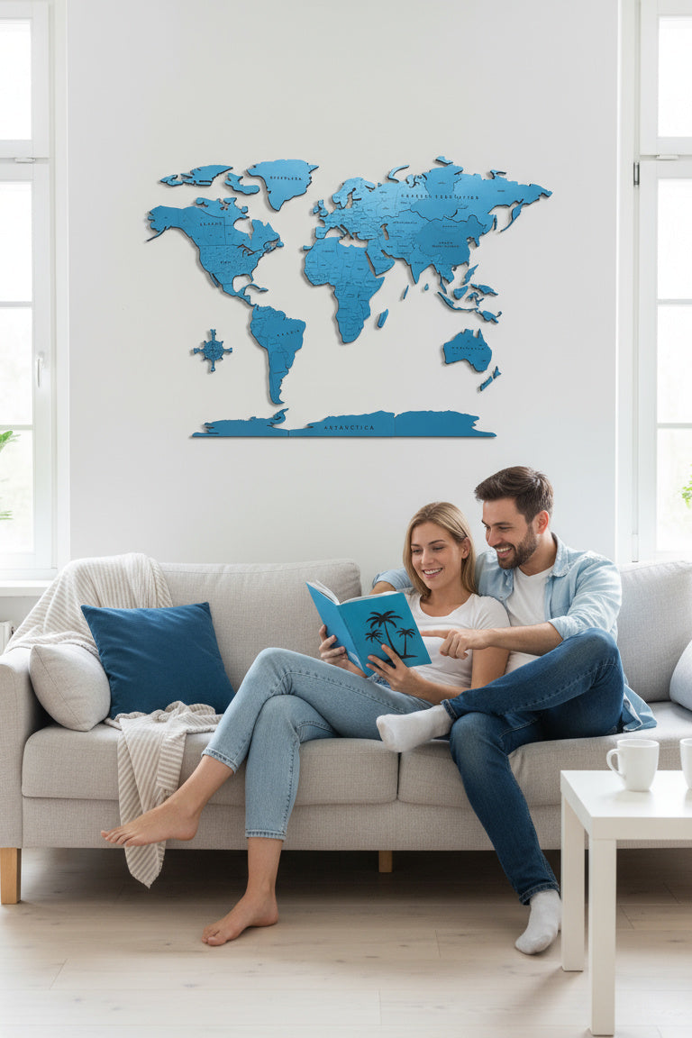 Blue Monochrome World Map - Multiple Sizes