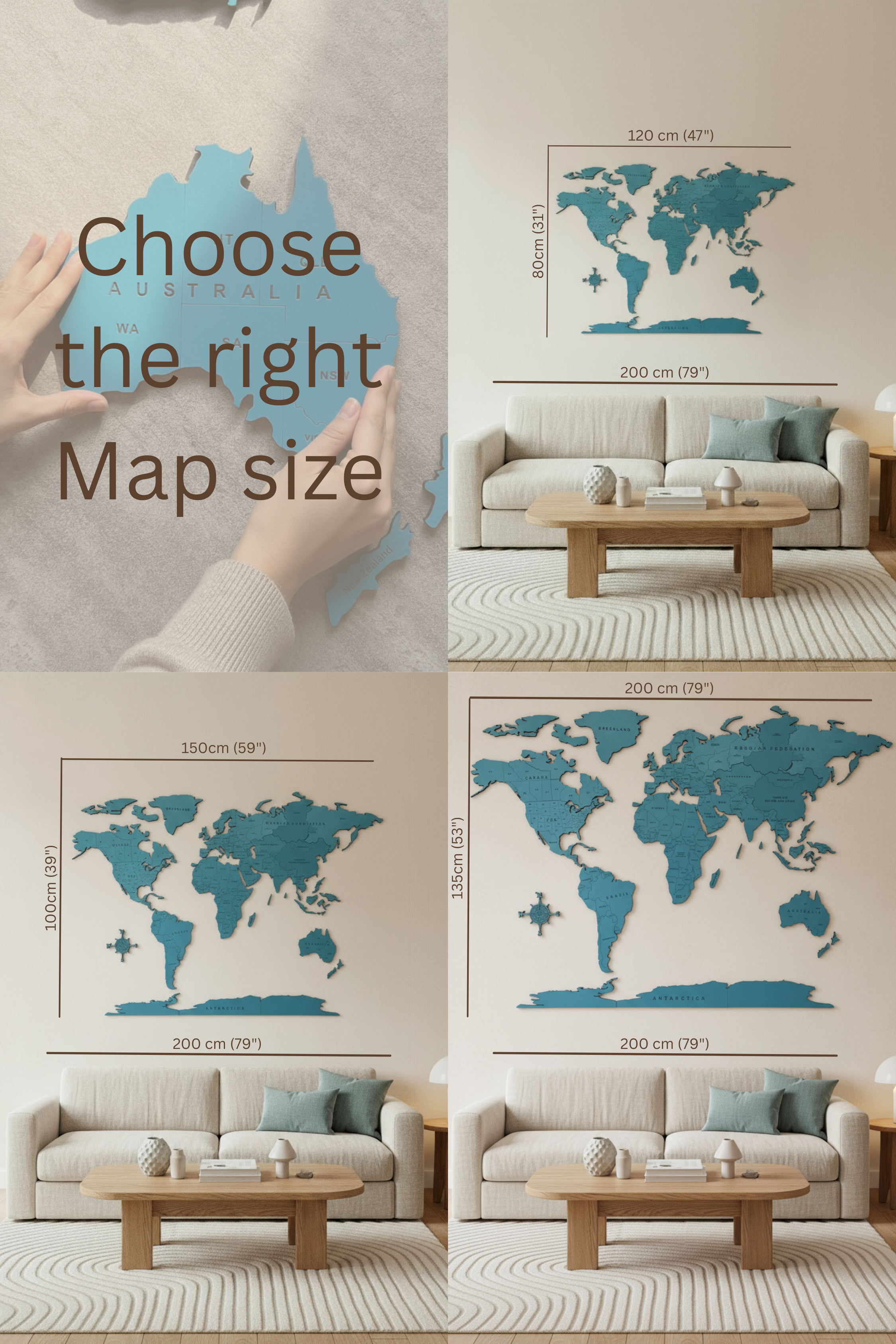 Blue Monochrome World Map - Multiple Sizes