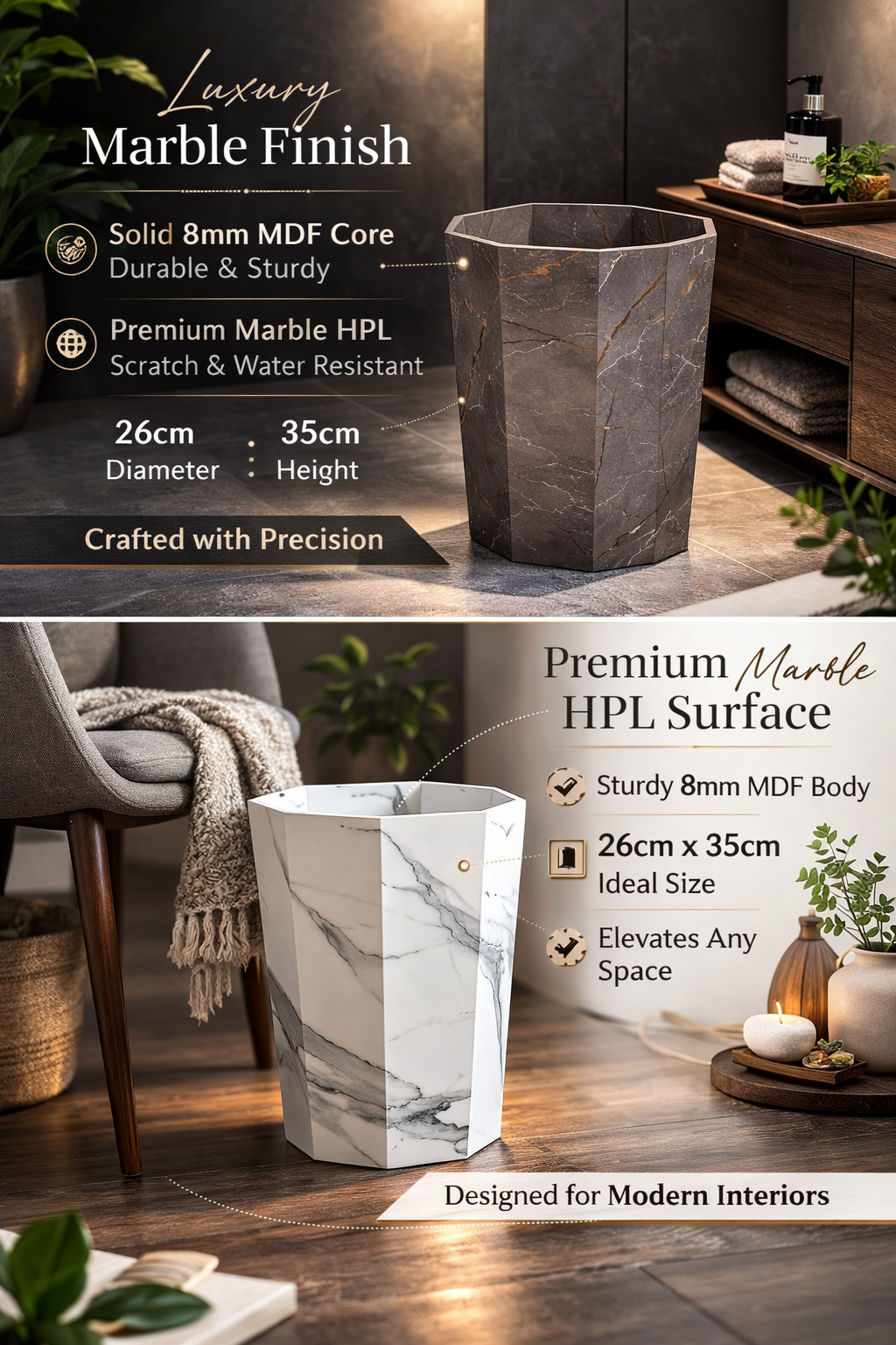 Bundle of 3 Classy Marble Texture Octagon Trash Bins