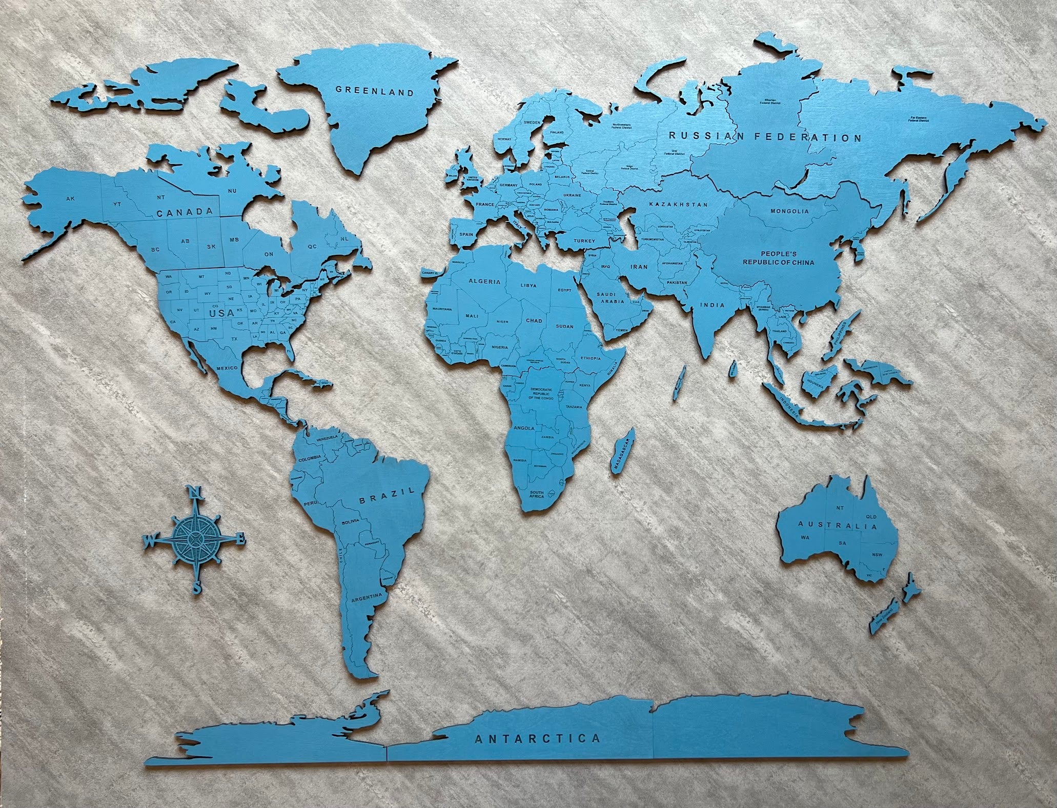 Blue Monochrome World Map - Multiple Sizes