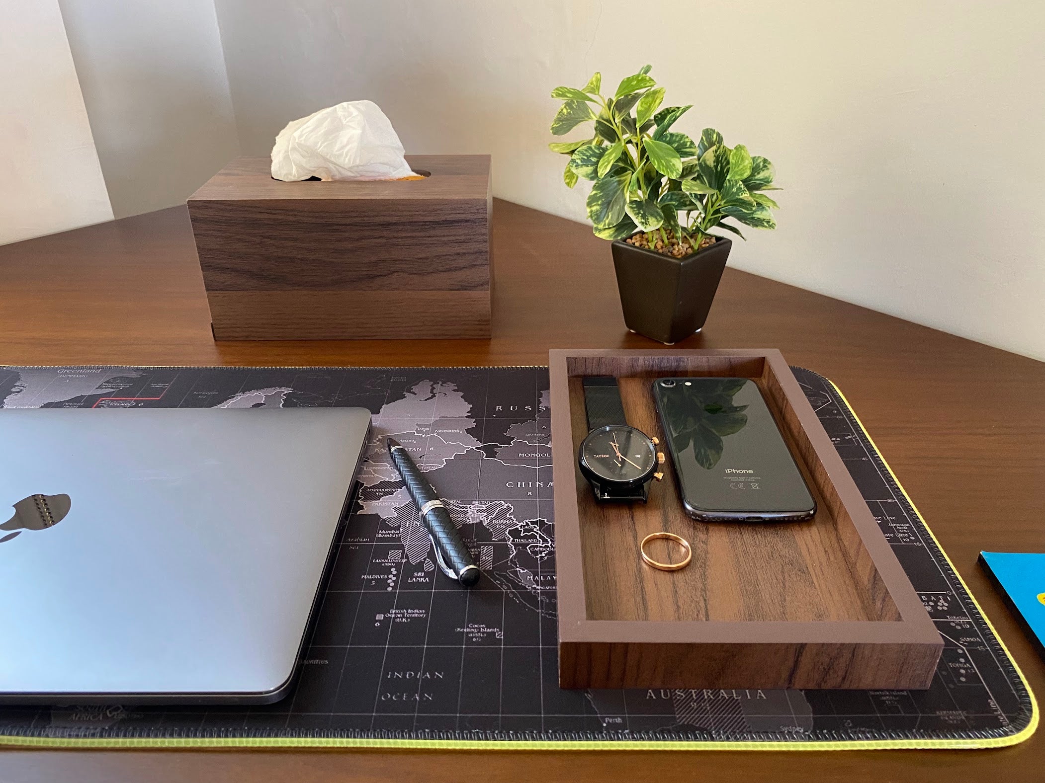 Wooden Office set of Tray, Trash Bin & Tissue Box