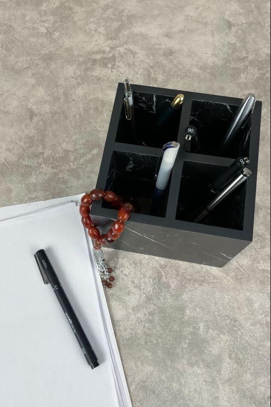 Marble-Textured Wooden Pen Holder – Stylish Desk Accessory
