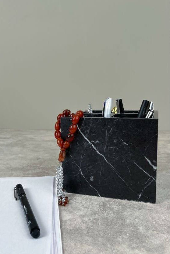 Marble-Textured Wooden Pen Holder – Stylish Desk Accessory
