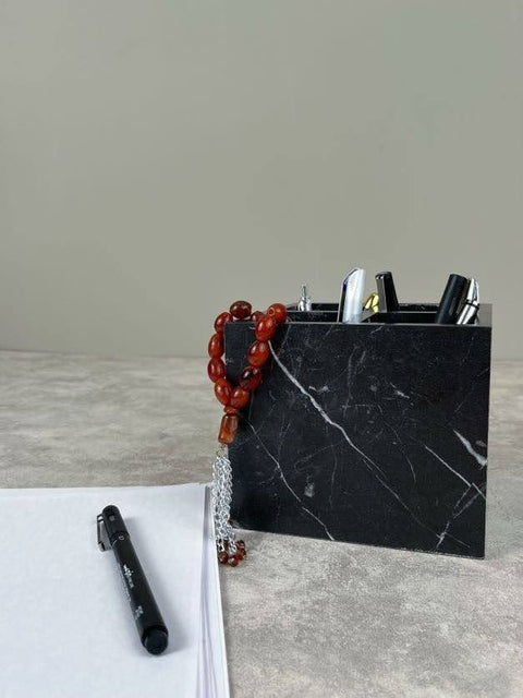 Marble-Textured Wooden Pen Holder – Stylish Desk Accessory