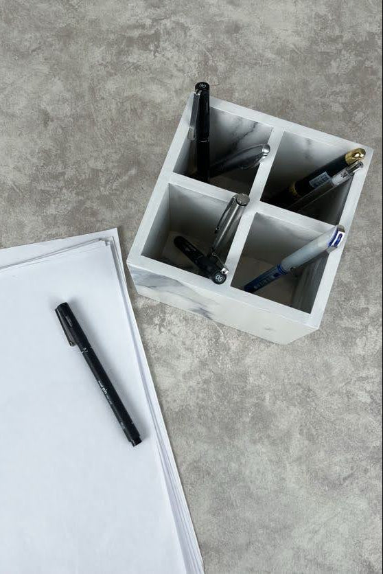 Marble-Textured Wooden Pen Holder – Stylish Desk Accessory