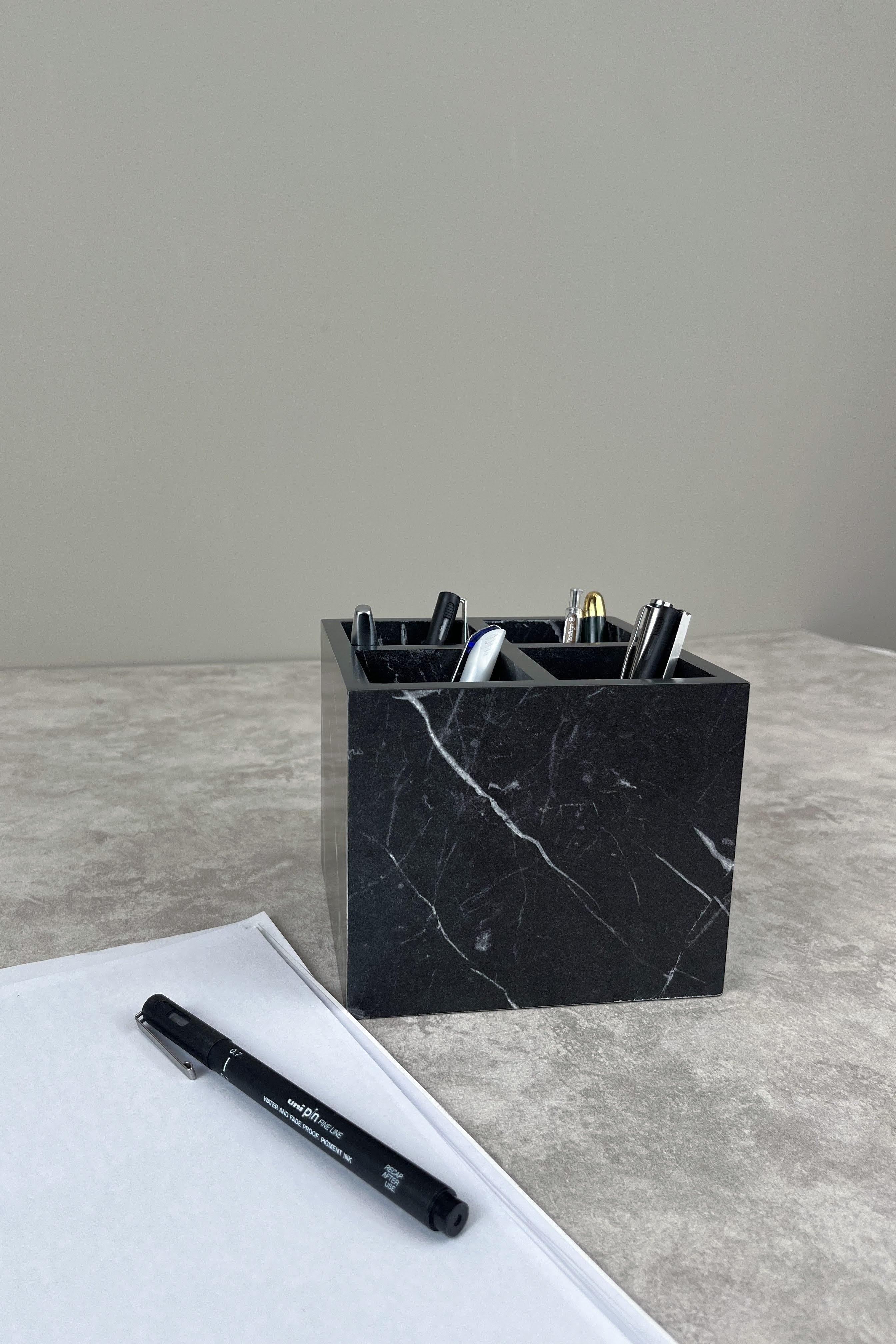 Marble-Textured Wooden Pen Holder – Stylish Desk Accessory