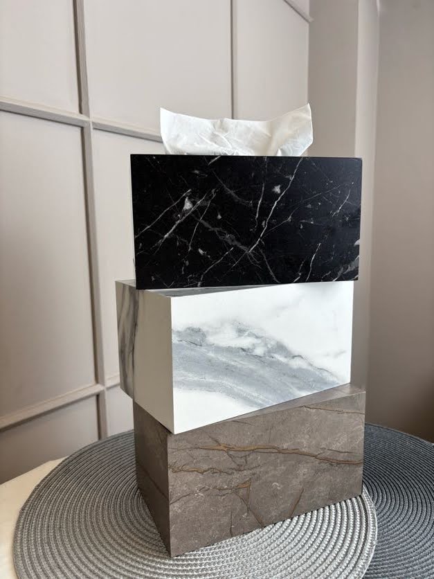 Marble-Textured Wooden Tissue Box – Elegant and Functional Décor