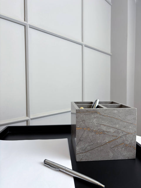 Marble-Textured Wooden Pen Holder – Stylish Desk Accessory