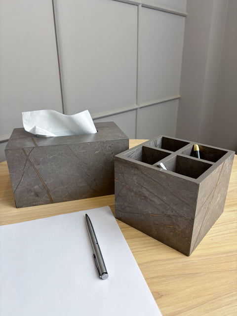 Marble-Textured Wooden Pen Holder – Stylish Desk Accessory