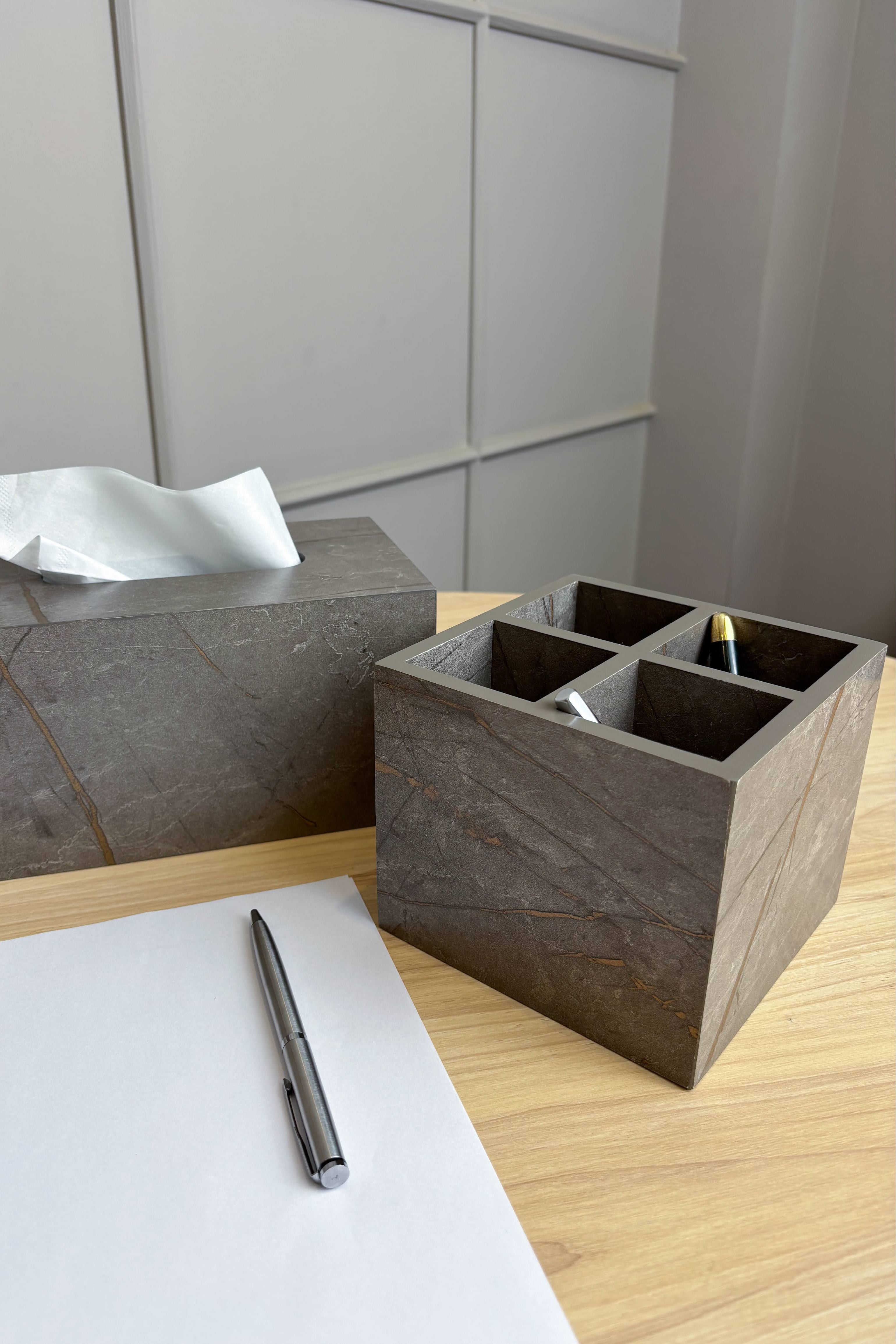 Marble-Textured Wooden Pen Holder – Stylish Desk Accessory