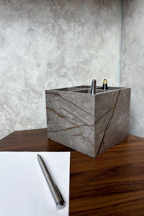 Marble-Textured Wooden Pen Holder – Stylish Desk Accessory