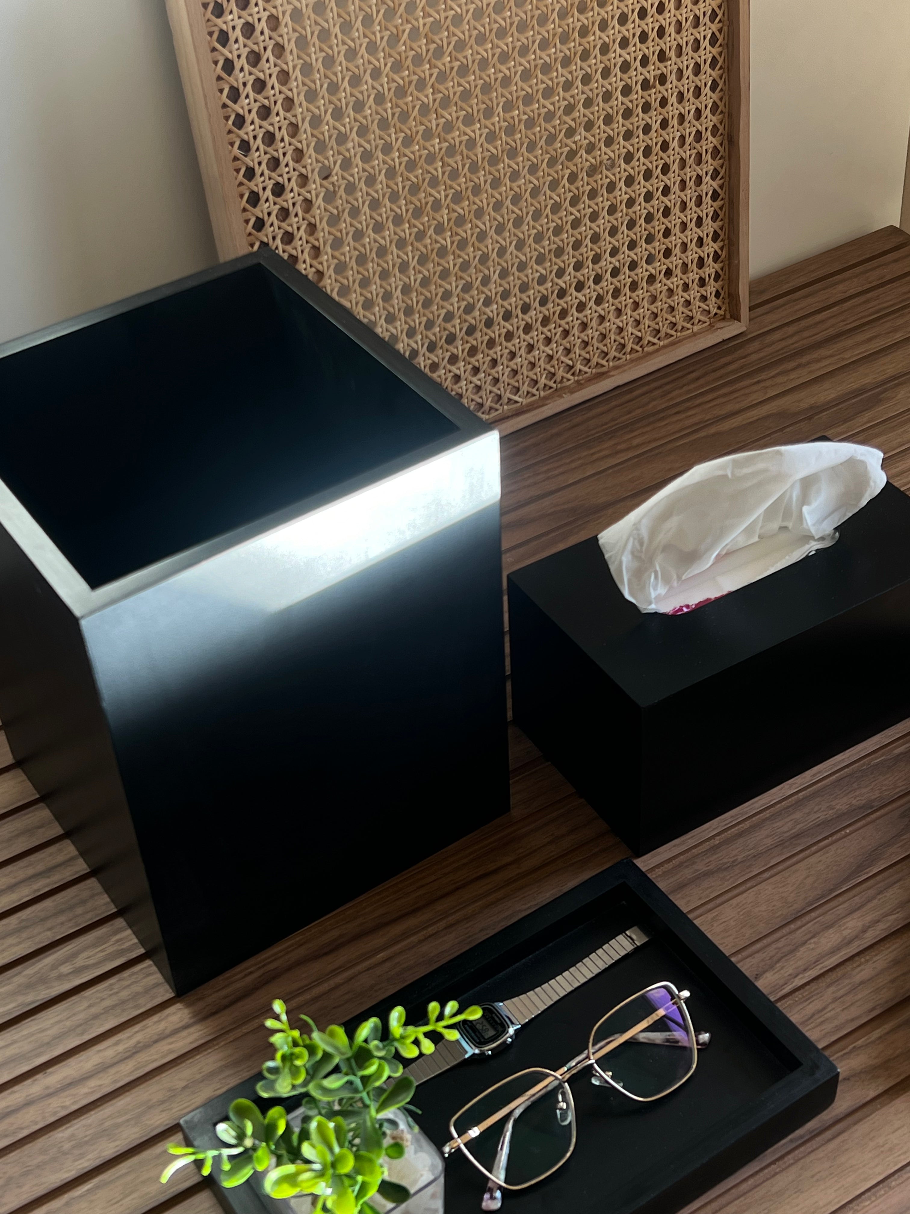 Wooden Office set of Tray, Trash Bin & Tissue Box