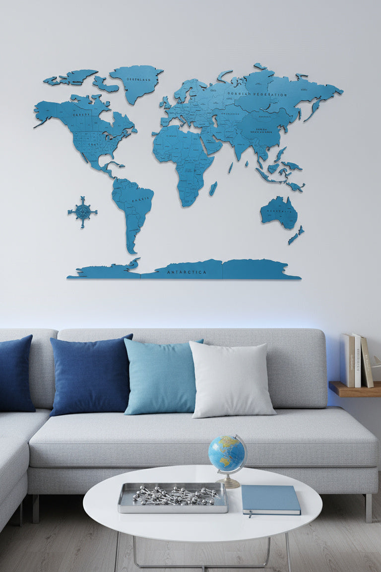 Blue Monochrome World Map - Multiple Sizes