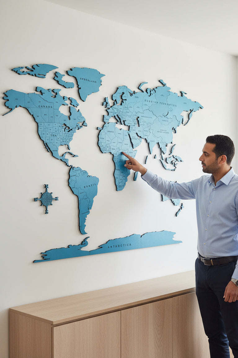 Blue Monochrome World Map - Multiple Sizes