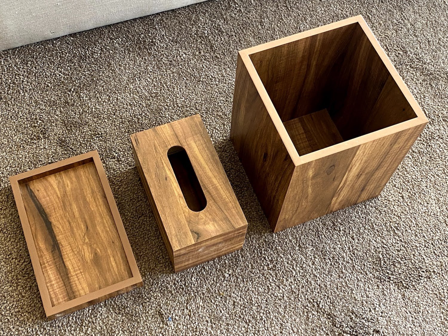 Wooden Office Set of Tray, Trash Bin & Tissue Box