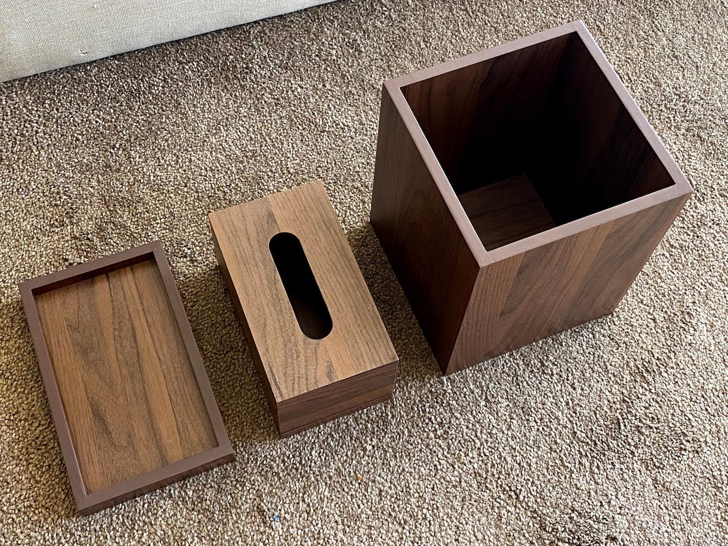 Wooden Office Set of Tray, Trash Bin & Tissue Box