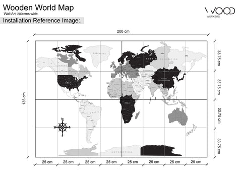 Wooden World Map For Wall 200 cms wide